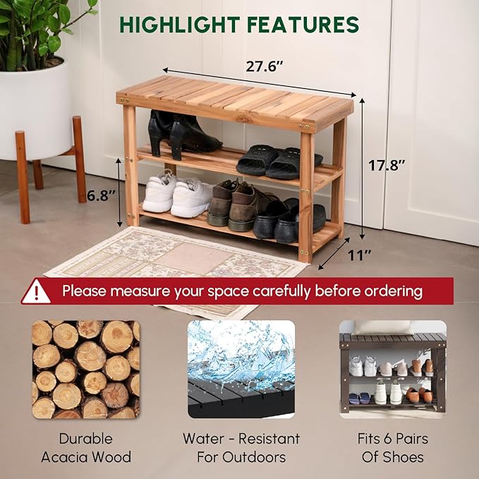 BEEFURNI Acacia Shoe Rack Bench, 3-Tier Sturdy Shoe Storage Bench, Wooden Footwear Organizer, 300 LBS Load Capacity, Perfect for Closet Entryway Bathroom, 1-Year Manufacturer Warranty, Natural Acacia-NeatNest