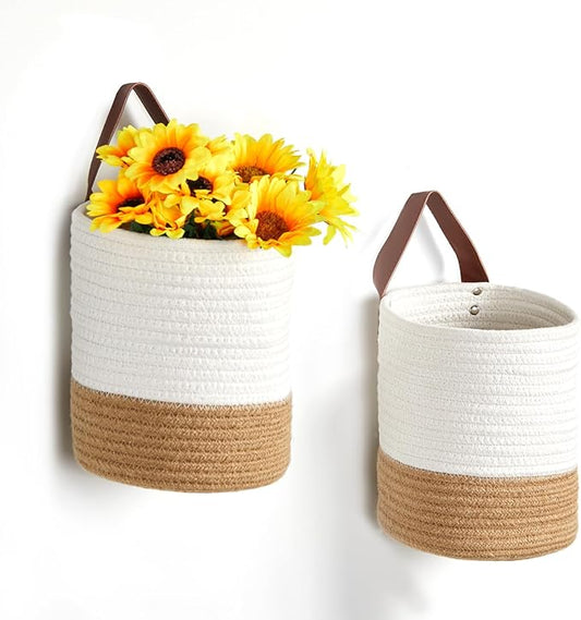 DULLEMELO Small Hanging Basket with Handle Set of 2 Hanging Wall Baskets, Wall Hanging Baskets for Organizing Wall Plants, Key, Sunglasses Small Woven Basket,White&Brown-NeatNest