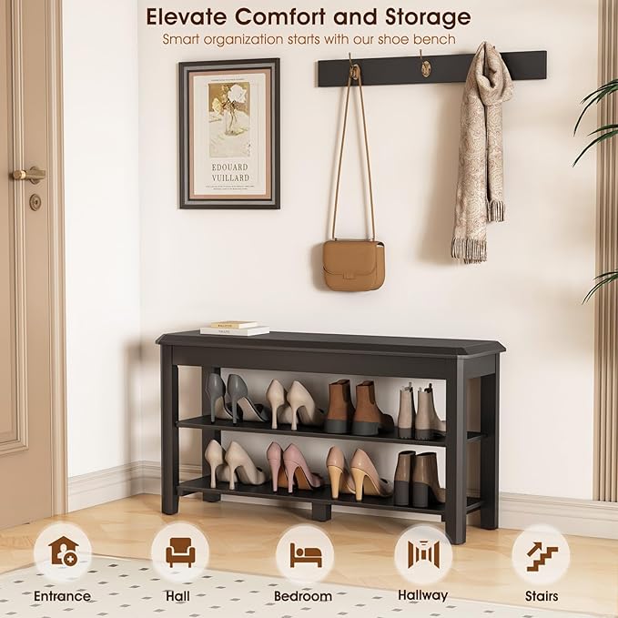 Shoe Rack Bench Seat Rubberwood 2-Tier Wooden Storage Bench 550lbs Compact Mid-Century Modern Design for Entryway, Hallway, Closet, Front Door Entrance, Foyer-NeatNest