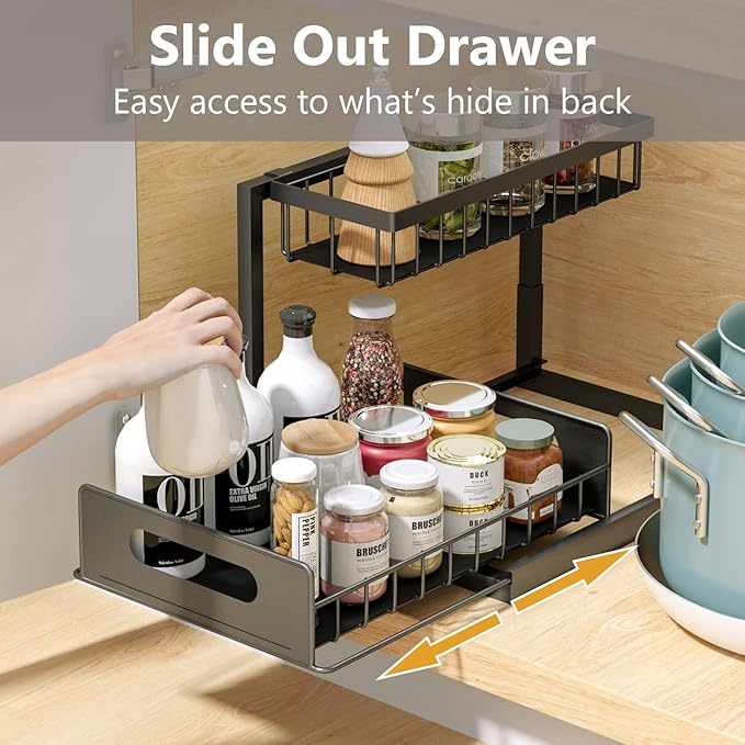 Under Sink Organizers and Storage 2 Tier Slide Out Kitchen Cabinet Organizer Sturdy Metal Bathroom Storage (Black, 1 Pack)-NeatNest