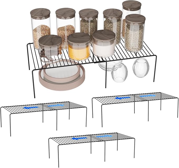 Expandable Storage Shelf, Pantry Organizers and Storage, Adjustable Rustproof Metal Wire Spice Rack, Space Saver Kitchen Storage Shelves for Pan, Pot, Countertop, Drawer, Fridge, Set of 4, Black-NeatNest