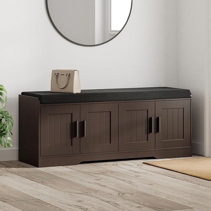 2-Tier Storage Bench, Shoe Bench with Thickened Padded Seat Cushion, Entryway Bench with 4 Doors, Adjustable Shelf, 13.8" D x 45.3" W x 18.5" H, for Entryway, Living Room, Bedroom, Brown