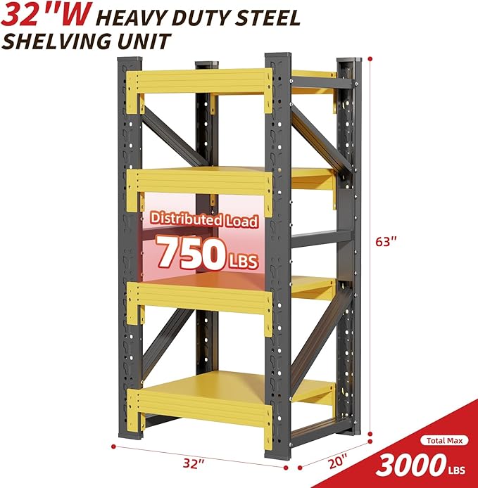 32" W Garage Shelving,4-Tier Heavy Duty Storage Shelves Unit with Adjustable Metal Shelf for Warehouse,Basement,Workshop,3000LBS,32" W x 20" D x 63" H,Black&Yellow-NeatNest
