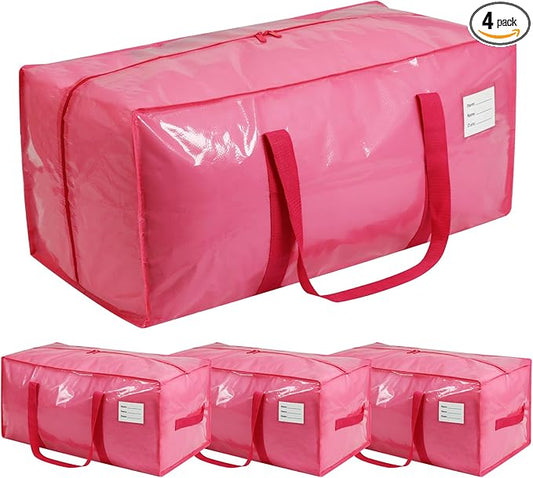 4 Pack Extra Heavy Duty Large Moving Bags with Comfortable Handle & Strong Zipper,Storage Totes for Space Saving Moving Storage College Supplies Alternative to Moving Box,Pink