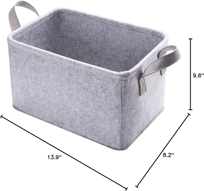 Collapsible Storage Bins Foldable Felt Fabric Storage Basket Organizer Boxes Containers with Handles PU Handles for Nursery Toys,Kids Room,Clothes,Towels,Magazine (PU-Light grey, 15.9L×11W×9.8H)-NeatNest