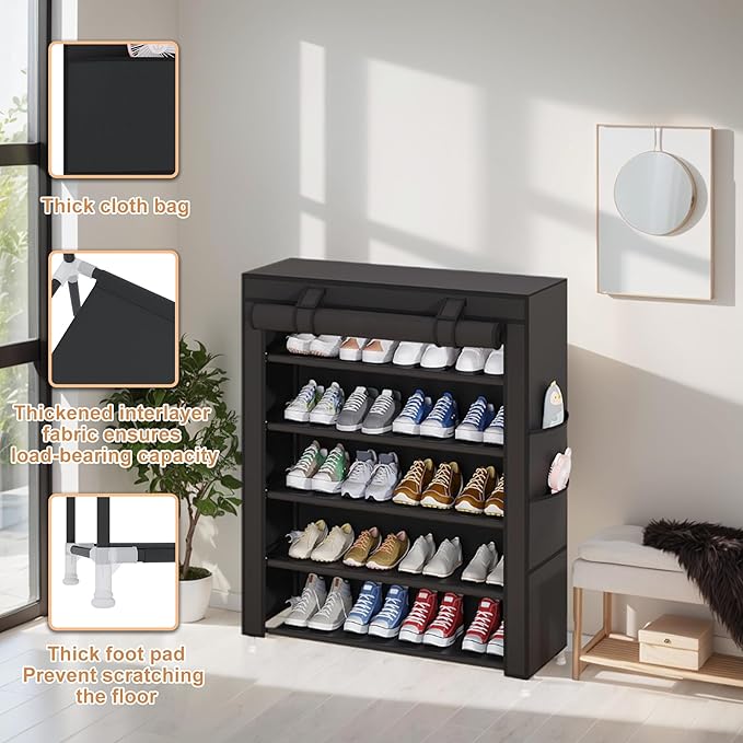 Laiensia 5-Tier Vertical Shoe Rack Organizer, Space Saving Shoe Storage Organizer, Non-Woven Cover Shoe Shelf Holds 20-25 Pairs for Bedroom, Hallway, Closet Entryway, Black-NeatNest