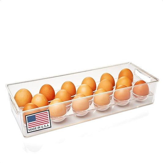 Egg Holder and Fridge Organizer | Clear Food-Grade Plastic Refrigerator Egg Storage Container | Holds Up to 17 Eggs | Dishwasher Safe, Heat and Freezer Resistant | Made in USA
