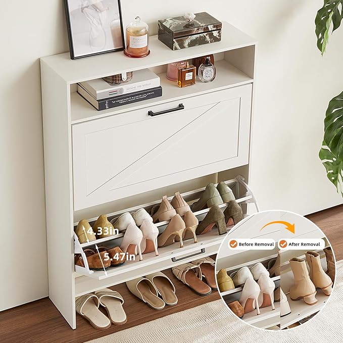 Shoe Storage Cabinet with 2 Flip Drawers,Farmhouse Narrow Shoe Organizer with Legs,Freestanding Hidden Slim Shoe Rack Cabinet with Open Storage for Entryway,Hallway, Foyer, White-NeatNest