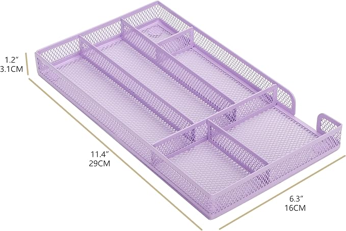 Annova Desk Drawer Organizer/Storage Tray - Metal Mesh with Dividers for Pens, Desktop Accessories, Bathroom, Kitchen, Makeup and Office Supplies (Small, Light Purple)-NeatNest