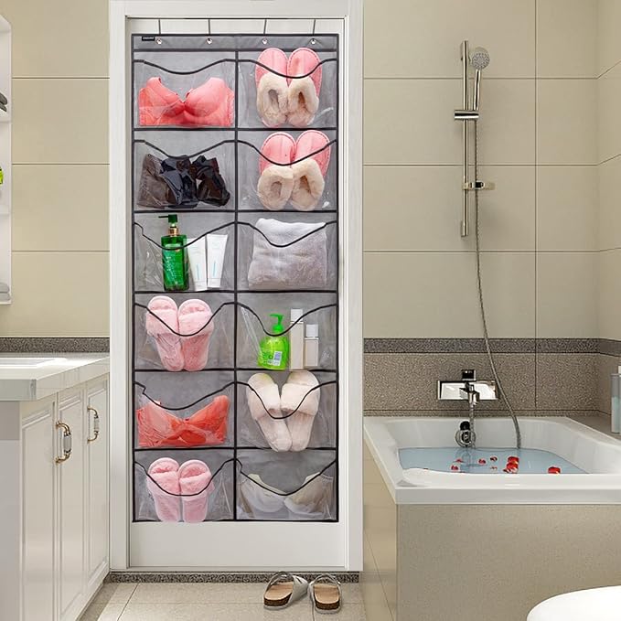 Extra Large Pockets Shoe Organizer Hanging Shoe Rack Organizer for Bedroom Shoe Storage Bathroom Shoe Holder with 12 Clear Pockets (12 Large Pockets-Grey)-NeatNest