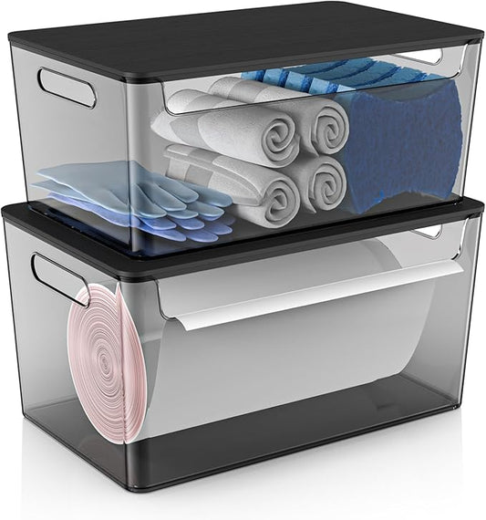 2 Pack Trash Bag Holder Under Sink Stackable, Plastic Garbage Bag Dispenser with Lid, Trash Bag Storage Dispenser Roll Holder for Kitchen, Pantry, Laundry Room Organization (Black)-NeatNest