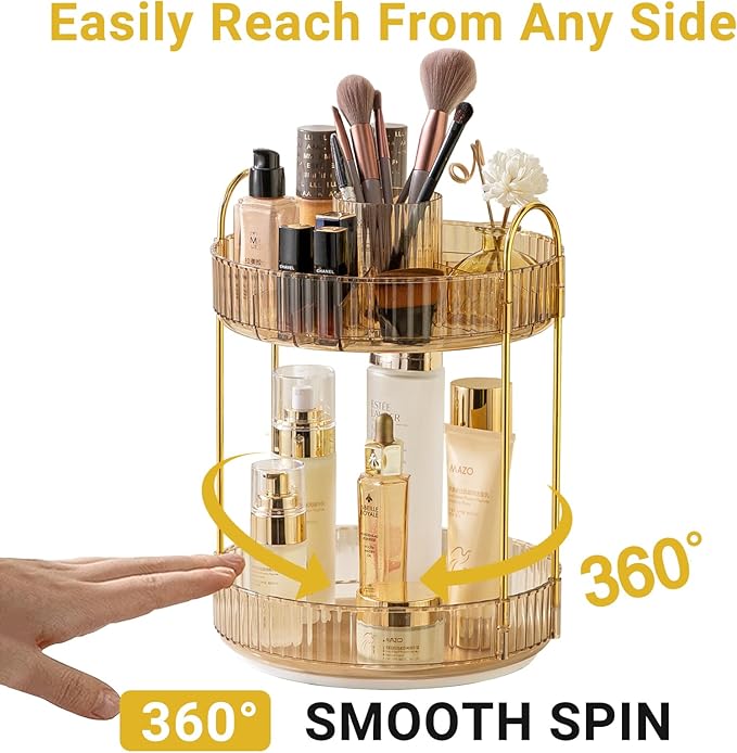 360 Rotating Makeup Organizer,2 Tier Large Capacity Make Up Organizers and Storage,Skincare Perfume Vanity Organizers,Bathroom Cosmetics Storage Organizer Countertop(Gold)-NeatNest