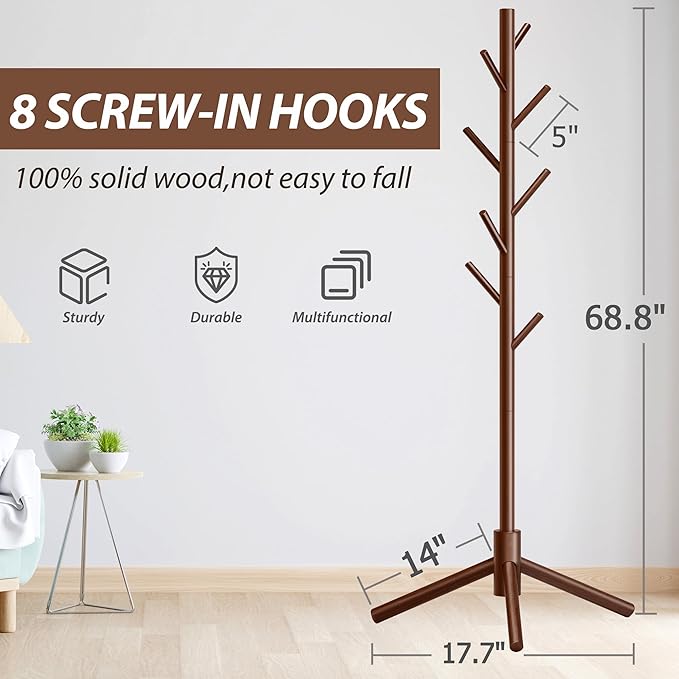 Durable Wooden Coat Rack, Freestanding Coat Rack with Stable Triangular Base, 8 Hooks & 3 Adjustable Heights, Simple Assembly for Bedroom, Hallway, Office(New Brown)-NeatNest