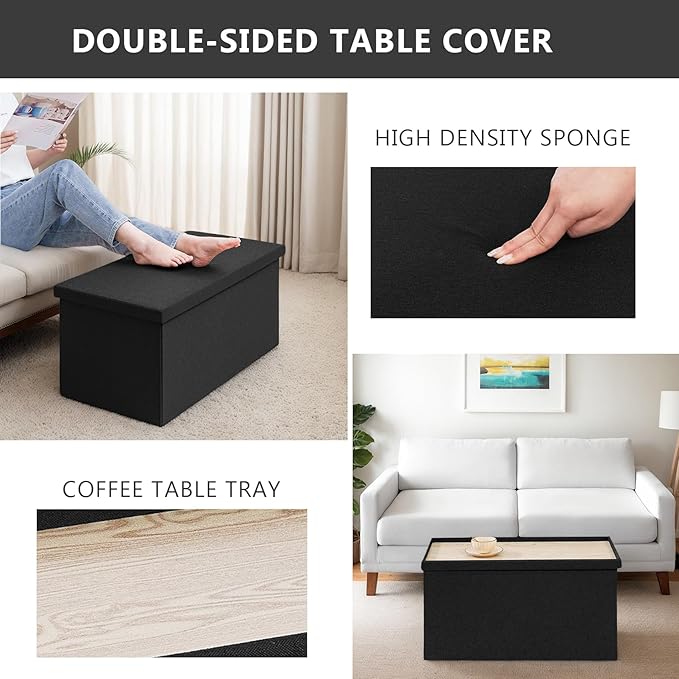 30 Inch Folding Storage Ottoman with Reversible Lid Coffee Table, Linen Fabric Multi-Functional Foot Rest & Seat for Living Room, Bedroom-Black