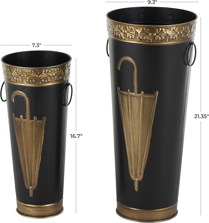 Deco 79 Metal Umbrella Stand with Gold Accents and Round Handles, Set of 2 21", 17" H, Black-NeatNest