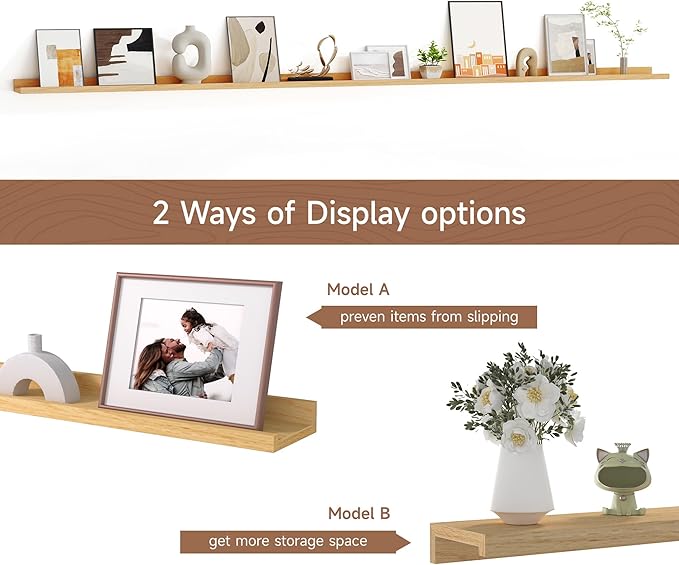 Floating Picture Ledge Shelves for Wall Set of 2, 95 Inches Picture Ledge Shelf with Long Large Nursery Book Shelf for Toys Storage Kids Bookshelf Wall Mounted Living Room Bedroom Decor Frames, Oak-NeatNest