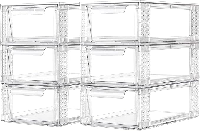 6 Pack Clear Stackable Storage Drawers, 3.95" H Easily Assemble Acrylic Organizer Bins - Multi-Use for Make up, Closet, Pantry, Bathroom, Medicine, Kitchen Cabinet & Undersink Organization-NeatNest