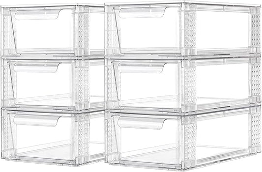 6 Pack Clear Stackable Storage Drawers, 3.95" H Easily Assemble Acrylic Organizer Bins - Multi-Use for Make up, Closet, Pantry, Bathroom, Medicine, Kitchen Cabinet & Undersink Organization-NeatNest