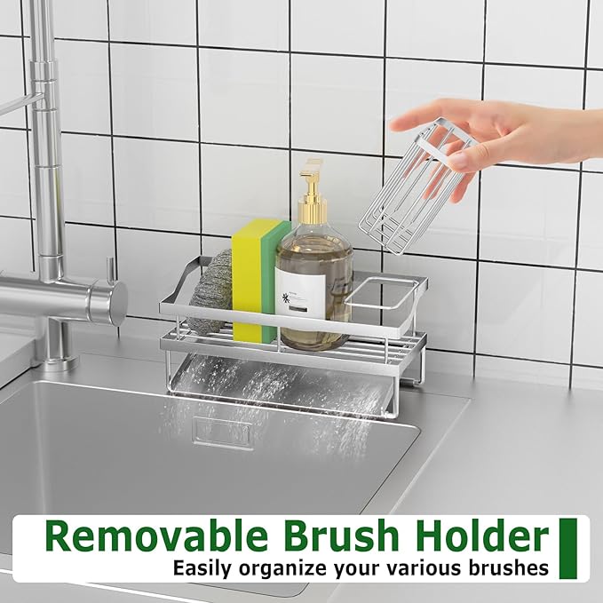 Kitchen Sink Caddy Organzier and Storage Sponge Holder for Sink with High Brush Holder, Rustproof 304 Stainless Kitchen Gadgets Dish Sponge Organizer (Lacquer Silver)-NeatNest