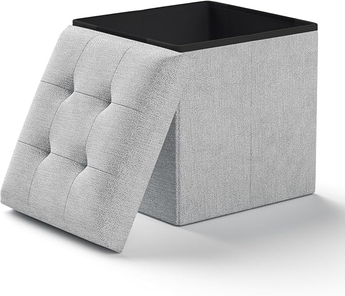 Ottoman Folding Storage Bench, 15x15x15 Inch, Foot Rest Stool for Living Room, Bedroom, Entryway, End of Bed - Multi-Functional Ottoman with Storage Light Gray