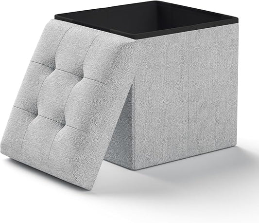 Ottoman Folding Storage Bench, 15x15x15 Inch, Foot Rest Stool for Living Room, Bedroom, Entryway, End of Bed - Multi-Functional Ottoman with Storage Light Gray