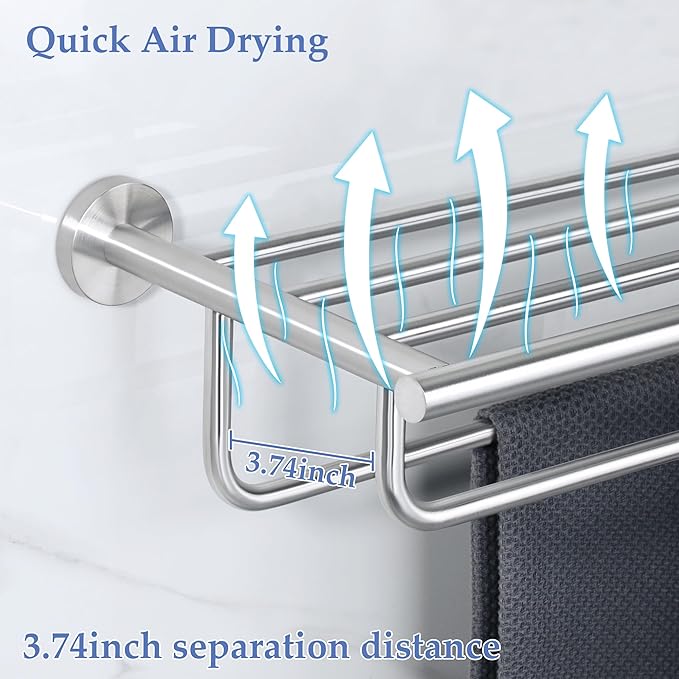 Alise 24 inch Towel Shelf with Double Towel Bars,Towel Rack for Bathroom,SUS 304 Stainless Steel Wall Mount Towel Holder Storage,Brushed Nickel,GYT7060-LS