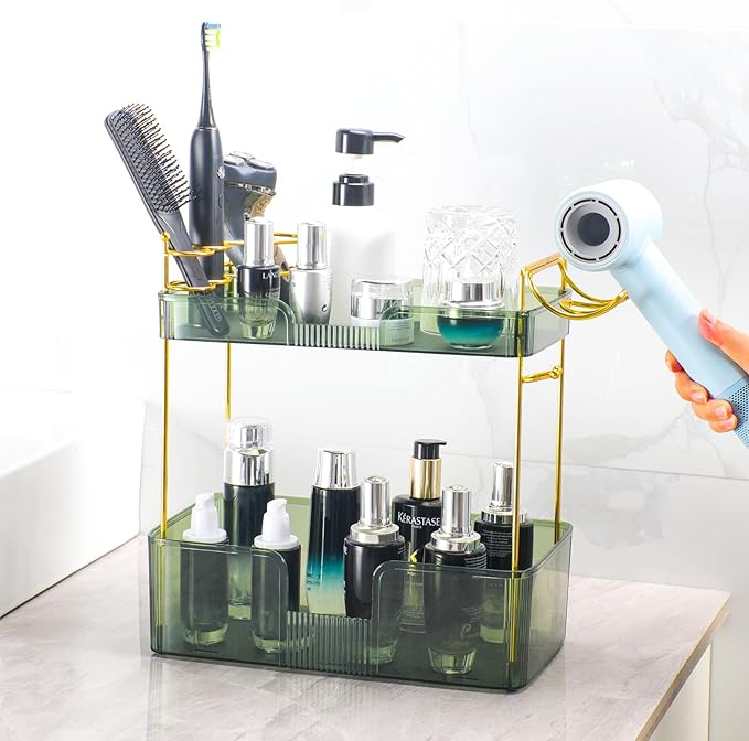 2 Tier Bathroom Organizer Countertop Makeup Perfume Tray Skincare Organizer Comes with Hair Dryer Rack and Toothbrush Holder for Bathroom Dresser Vanity (Green)-NeatNest