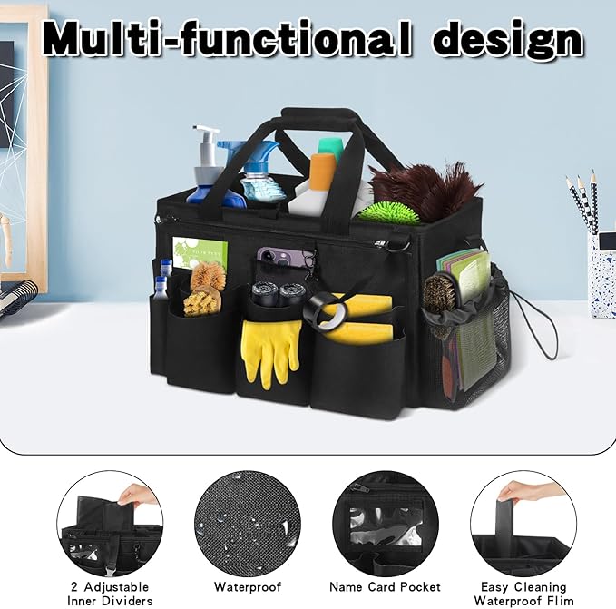 Grekos Wearable Cleaning Caddy Bag, Cleaning Caddy Suppliers Organizer with 4 Foldable Dividers, Handle & Shoulder Straps Cleaning Tool Organizers for Cleaners & Housekeeper (Black)