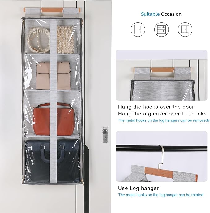 Clear Hanging Handbag Storage Organizer with Zippers, Easy Access Purse,Toy,Yarn,Hat Storage Holder Over The Door Purse Organizer Space Saving 4 Pockets for Closet Bedroom Living Room (Grey)-NeatNest