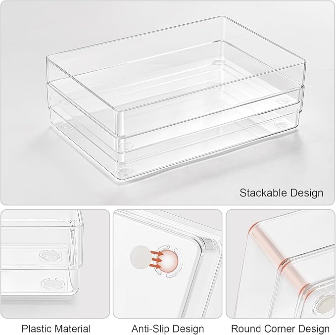 SMARTAKE 6 PCS Clear Plastic Drawer Organizers Set, Large Size Non-Slip Desk Drawer Organizer, Versatile Bathroom and Vanity Drawer Organizer Trays for Makeup, Bedroom, Office, Kitchen Utensils-NeatNest