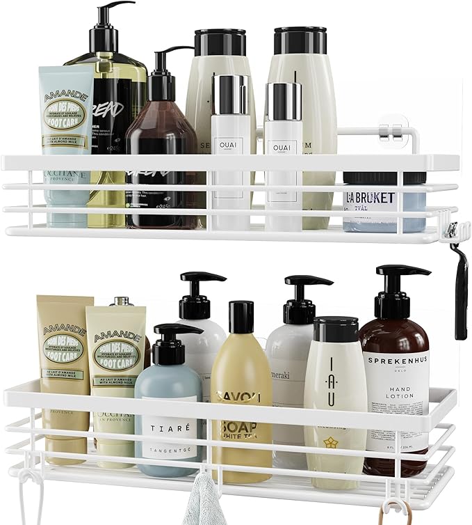 Orimade Shower Caddy with 5 Hooks for Hanging Razor and Sponge Adhesive Shower Shelf Basket Bathroom Storage Organizer Kitchen Rack No Drilling Stainless Steel Rustproof - 2 Pack,White