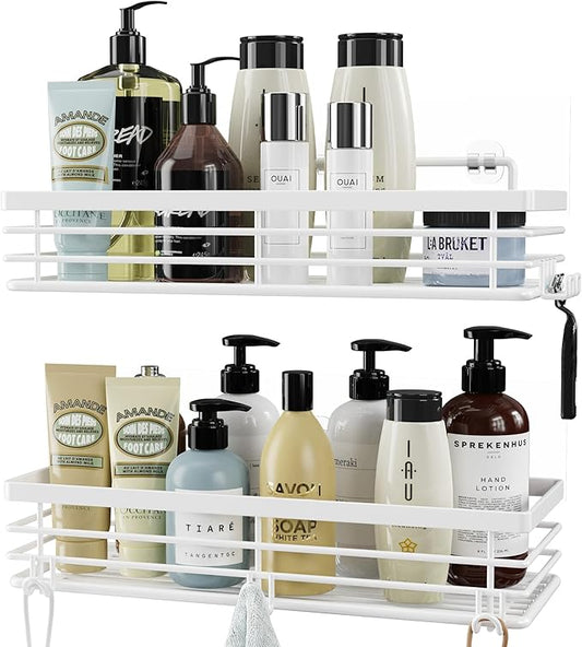 Orimade Shower Caddy with 5 Hooks for Hanging Razor and Sponge Adhesive Shower Shelf Basket Bathroom Storage Organizer Kitchen Rack No Drilling Stainless Steel Rustproof - 2 Pack,White