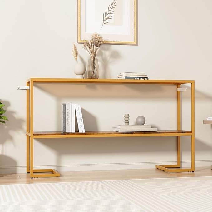 Console Sofa Table, 52" Modern Entryway Table, 2-Tier Open Shelf with Tempered Glass, Metal Frame Behind Couch Table with Gold Metal Frame for Living Room Hallway Entrance, Brown-NeatNest