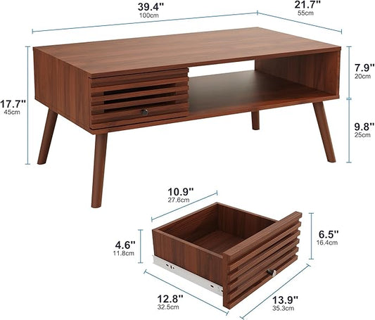 Coffee Table, Mid Century Modern Table with Storage, Living Room Center Table with Slatted Panel Drawer, Fluted Wood Coffee Table with Open Shelf for Living Room, Walnut-NeatNest