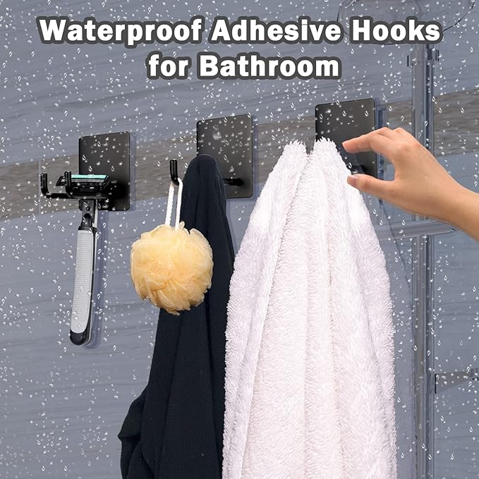 Adhesive Hooks, Stick on Stainless Steel Towel Robe Razor Wall Hooks for Bathroom Kitchen Organizer, Sticky Heavy Duty Durable Shower Hangers for Hanging Hat Coat Key 4-Pack (Black)