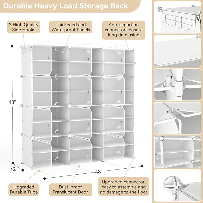 Portable Shoe Rack Organizer with Door, 48 Pairs Storage Cabinet Easy Assembly, Plastic Adjustable Stackable Detachable Free Standing DIY Expandable 8 Tier White, (NNF-XJ-012)-NeatNest