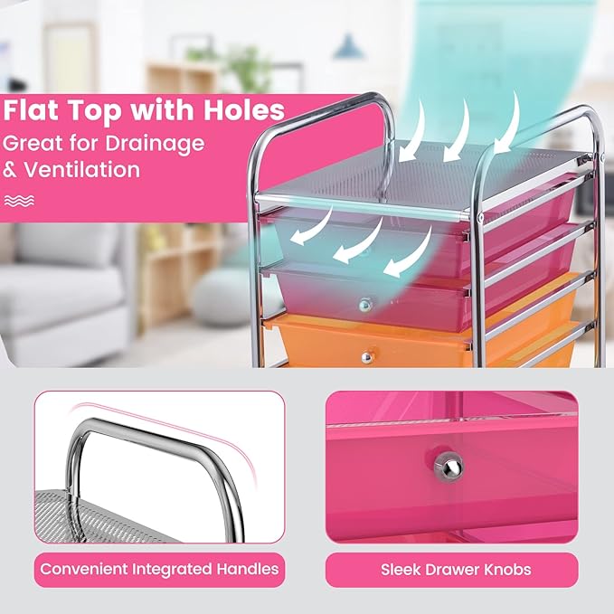 COSTWAY 10-Drawer Rolling Storage Cart, Utility Mobile Trolley with Removable Drawers & Universal Casters & 2 Brakes, Versatile Flexible Drawer Organizer Cart for Home, Office (Rainbow)-NeatNest