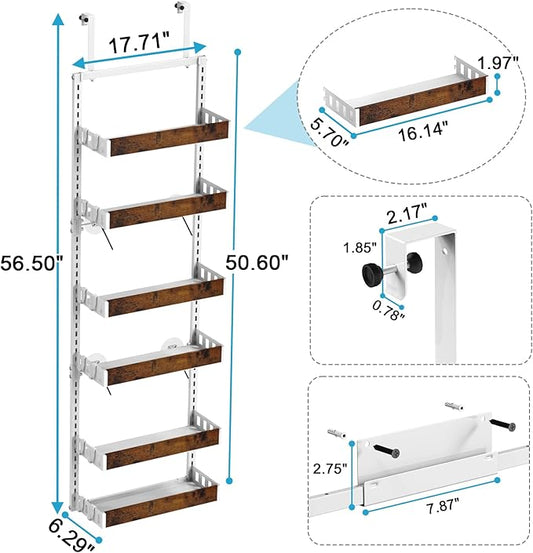 bukfen Over the Door Pantry Organizer, 6-Tier Adjustable Wooden Basket Kitchen Pantry Door Organization and Storage, Heavy-Duty Metal Hanging Kitchen Spice Rack,D6.3 x W17.71 x H50.60 inch,White-NeatNest
