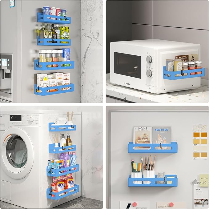 4 Pack Magnetic Spice Rack for Refrigerator, Spice Rack Organizer, Moveable Magnetic Shelf Fridge Organizer with 4 Hooks for Kitchen and Oven Organization, Blue