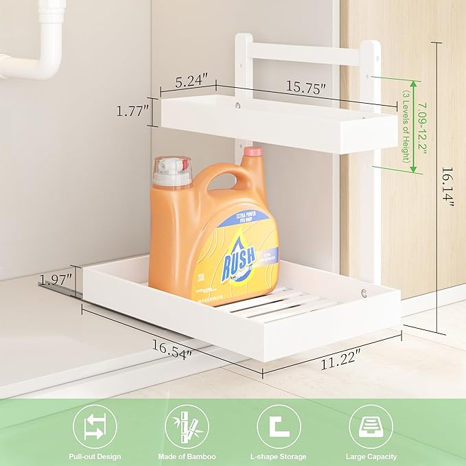 Under Sink Organizer - 1-Tier Pull Out Cabinet Organizer Vertical Slide Out Sink Shelf Storage Shelves for Multi-Purpose Bath Kitchen Bathroom Medicine (White, 1 Pack)-NeatNest