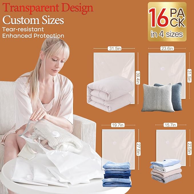 Vacuum Seal Bags for Clothing, 16 Pack Vacuum Storage Bags with Wireless Charging Air Pump(4J+4L+4M+4S), Space Saver Bags for Clothes Blanket Duvets Pillows Comforters Travel-NeatNest