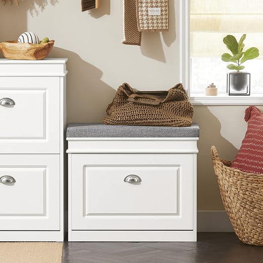 Haotian White Hallway Shoe Bench, Narrow Shoe Rack Entryway, Small Shoe Cabinet with 1 Flip-Drawer and Seat Cushion, FSR82-K-W-NeatNest