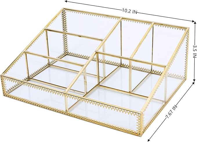 Vintage Gold Makeup Organizer - Glass Makeup Organizer Countertop Organizer for Make-Up Brushes Vanity, Tabletop Organizer Display Case for Bathroom, Vanity, Drawers GJB001
