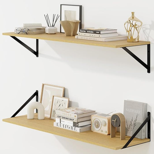 Fun Memories Deep Floating Shelves for Wall, 36W x 8D Wall Mounted Shelves Set of 2, Wide Display Ledge Shelf with Sturdy Metal Brackets for Living Room, Bathroom, Bedroom and Kitchen, Oak-NeatNest