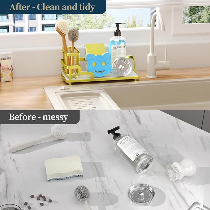 Consumest Sponge Holder for Kitchen Sink - Sink Caddy Organizer with Water Absorbing Stone Tray, Detachable Brush Holder, Stainless Steel Kitchen Counter Organizer Rack, Gold-NeatNest