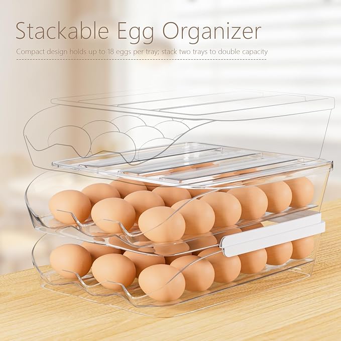 Egg Holder for Fridge 54 Capacity Automatic Rolling Egg Organizer for Refrigerator, Clear Stackable Container for Kitchen or Pantry Storage 3 Pack
