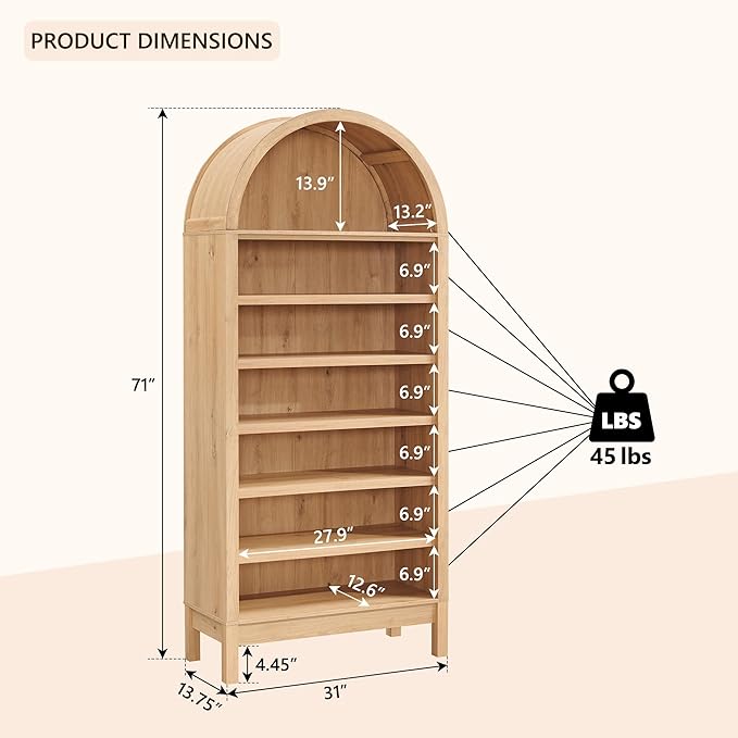 71" Tall Arched Shoe Storage Cabinet, 7 Tiers 28 Pairs Wooden Shoe Rack with 3 Adjustable Shelves, Freestanding Shoe Closet Shelf Organizer for Entryway, Hallway, Living Room (Natural)-NeatNest