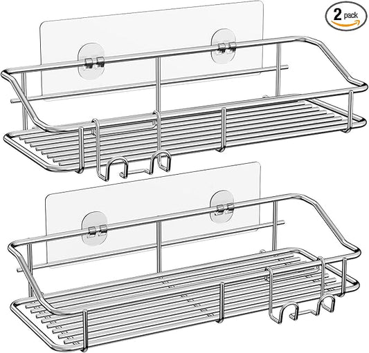 Nieifi Shower Caddy Shelf Storage Rack Adhesive Without Drilling Stainless Steel with Hooks for Washroom, Lavatory, Restroom, Toilet, Bathroom, Kitchen - 2 Pack-NeatNest