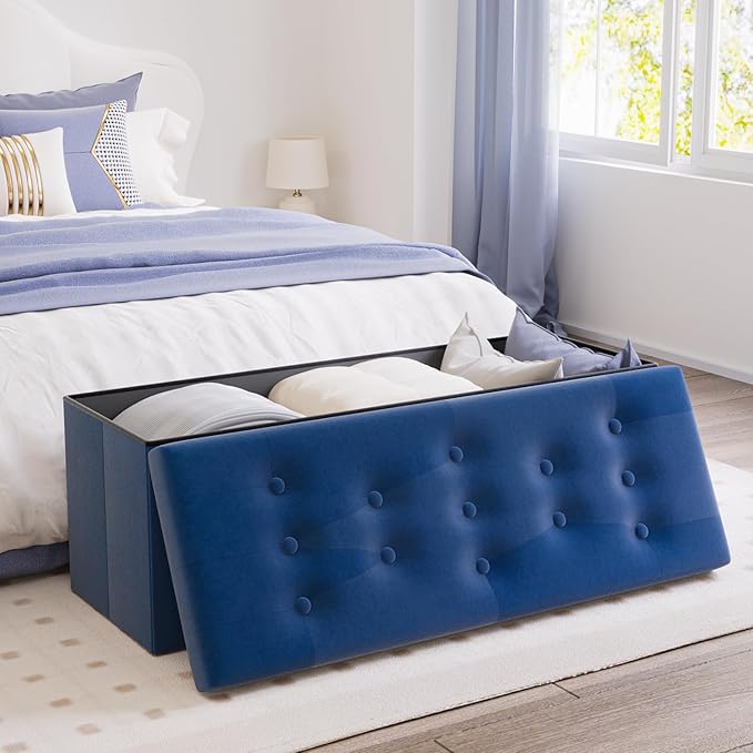 PRANDOM Jumbo Ottoman with Storage [1-Pack] Velvet Folding Small Square Foot Stool with Lid for Living Room Bedroom Coffee Table Dorm Royal Blue 43x15x15 inches-NeatNest