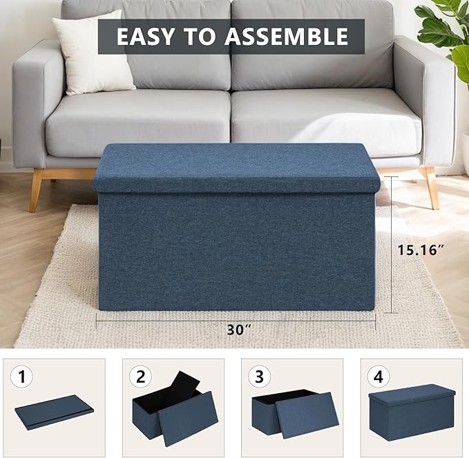 30 Inch Folding Storage Ottoman with Reversible Lid Coffee Table, Linen Fabric Multi-Functional Foot Rest & Seat for Living Room, Bedroom Dark Blue